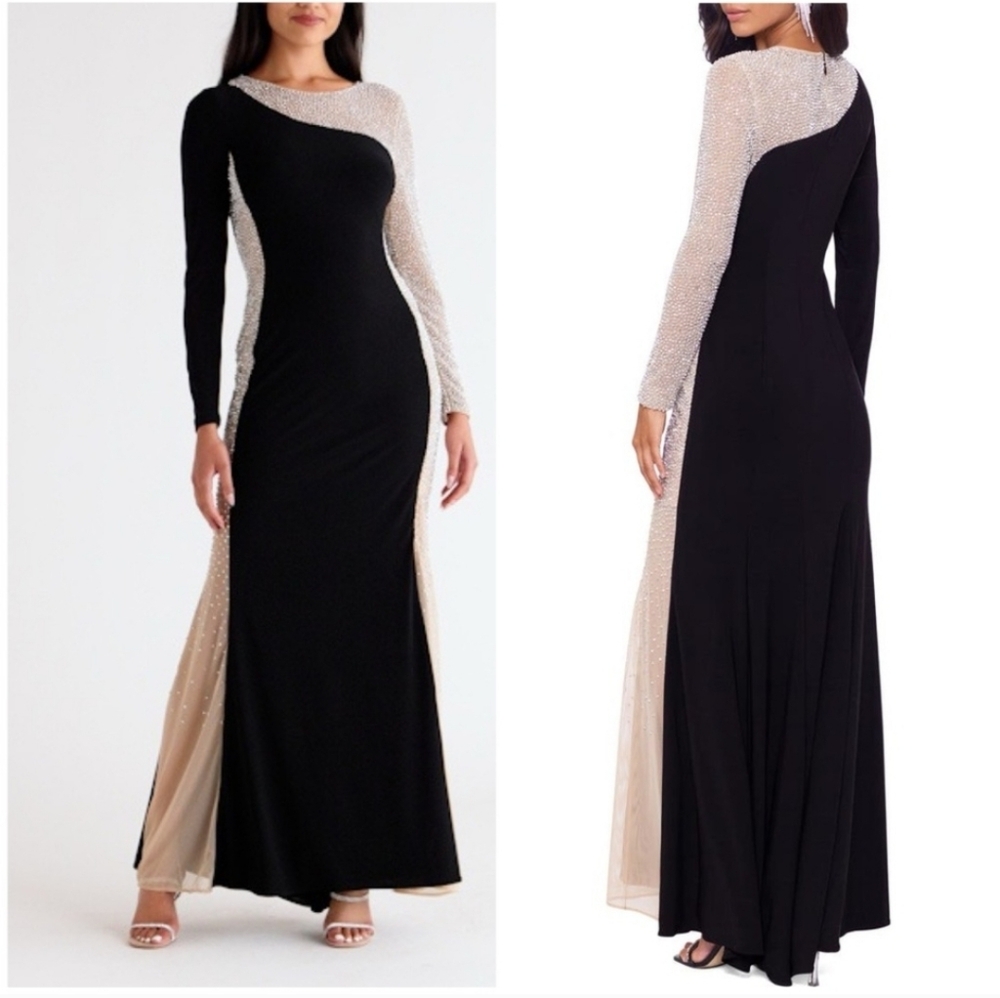 XSCAPE Elegant Black and Nude Evening Gown